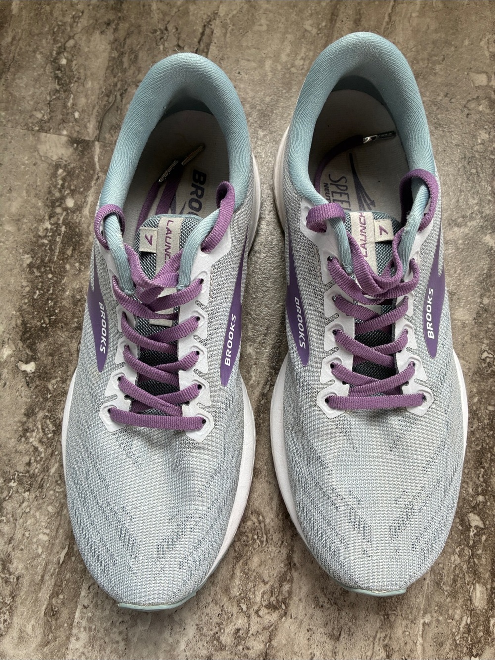 Brooks Launch 7 Women’s 9 Medium(B) Antarctica/Lead/Grape Running Shoes, EUC